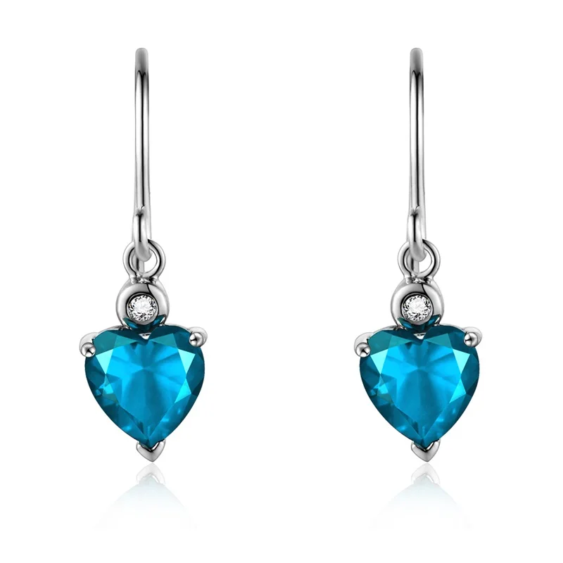 Двойные 925 пробы серебряные изумрудные серьги с драгоценным камнем бриллиантовые серьги в форме сердца с голубым топазом красный рубин для элегантных женщин - Цвет камня: Topaz With Diamond
