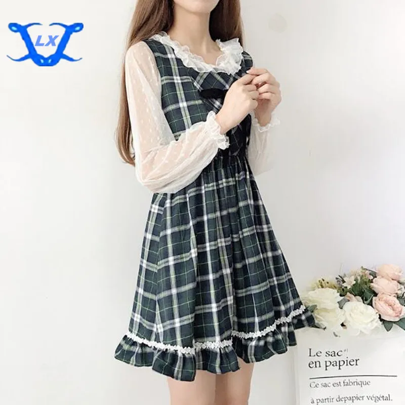 

1 Set Preppy Style Lattice Bow Sleeveless Dress + Lace Lantern Long-sleeved Perspective Shirt Set Cute
