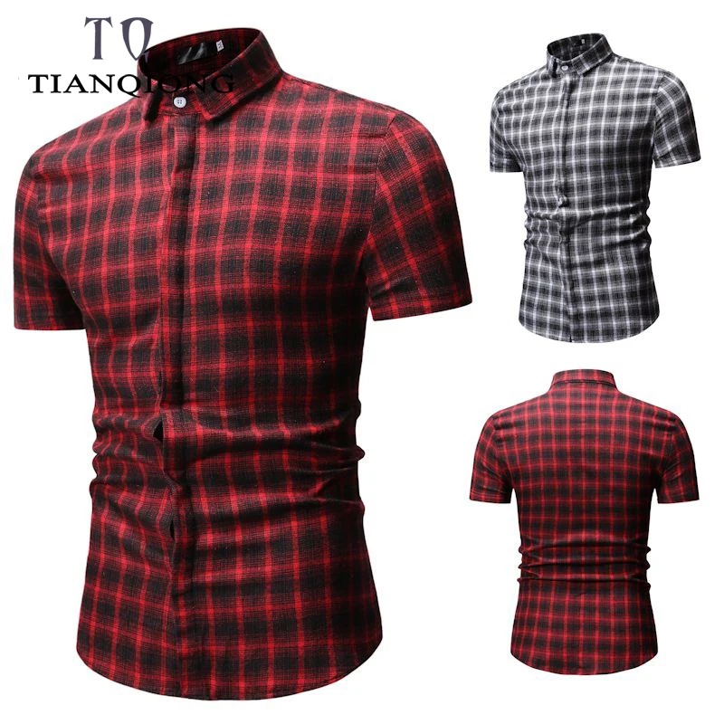 Plaid Shirt 2019 New Slim Fit Red Checkered Shirt Men Shirts Short Sleeve Chemise Homme Cotton Male Casual Plaid Shirts