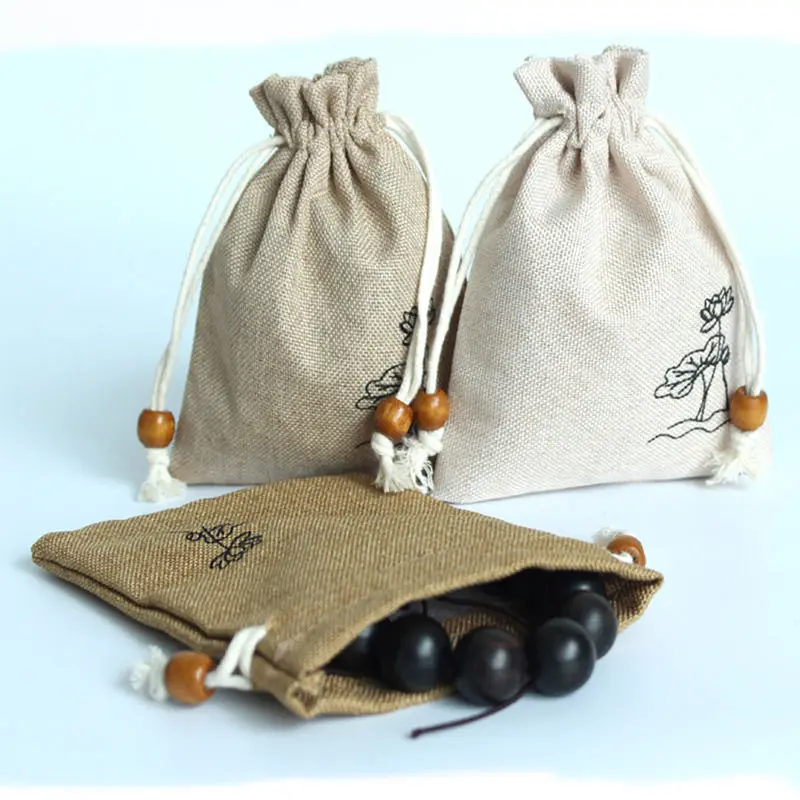 Китайский стиль лотоса льняная Джутовая Ткань Подарочная сумка для хранения с завязкой мешочек Упаковка украшений для конфет и чая сумки для мелочей органайзер для путешествий