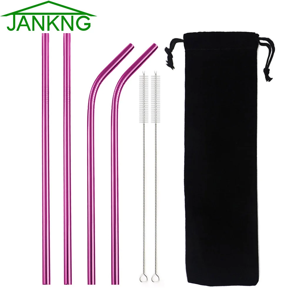 Jankng Colorful Pink Drinking Straw Set Ecofriendly Metal Straw 304