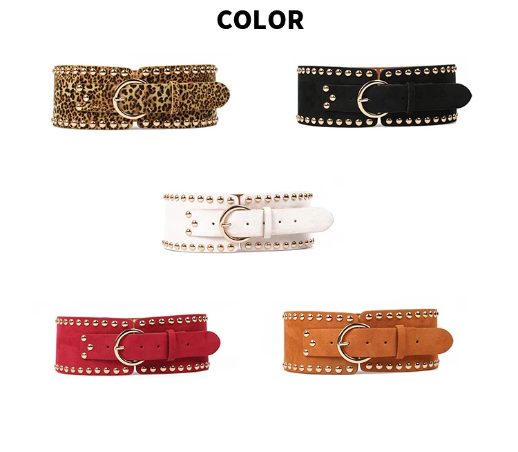 New Fashion Punk Rivets Leopard Belt for Women Wide Corset Belt Imitation Suede Belt Adjustable Slim Body Elastic Waistband Riem