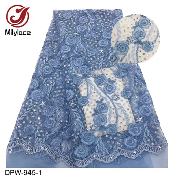 

African Sequins Lace Fabric 2019 High Quality French Lace Fabric Nigerian Tulle Mesh Lace Fabrics Sky Blue DPW-945
