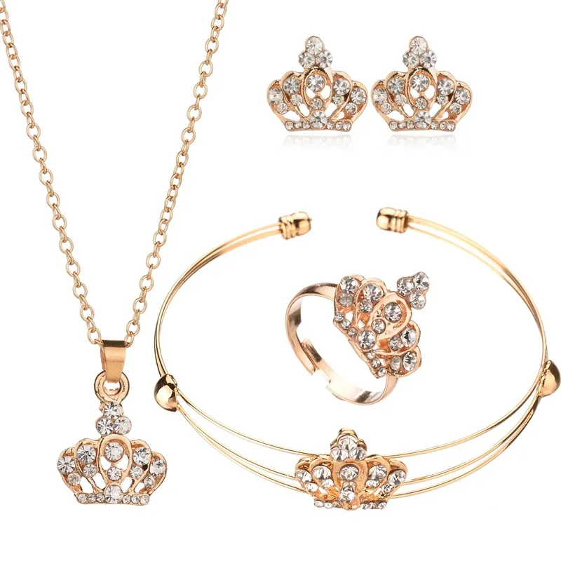 

4pc/set super value party gold color crystal Crown Necklace Earring Ring Bracelet luxury Jewelry Sets Wedding Jewelry Women