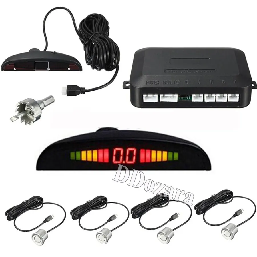 Car Parking Sensors Parktronics 4 Black/Silver/White 22mm Flat Sensors Reverse Backup Radar Sound Buzzer Alarm Adjustable Sound
