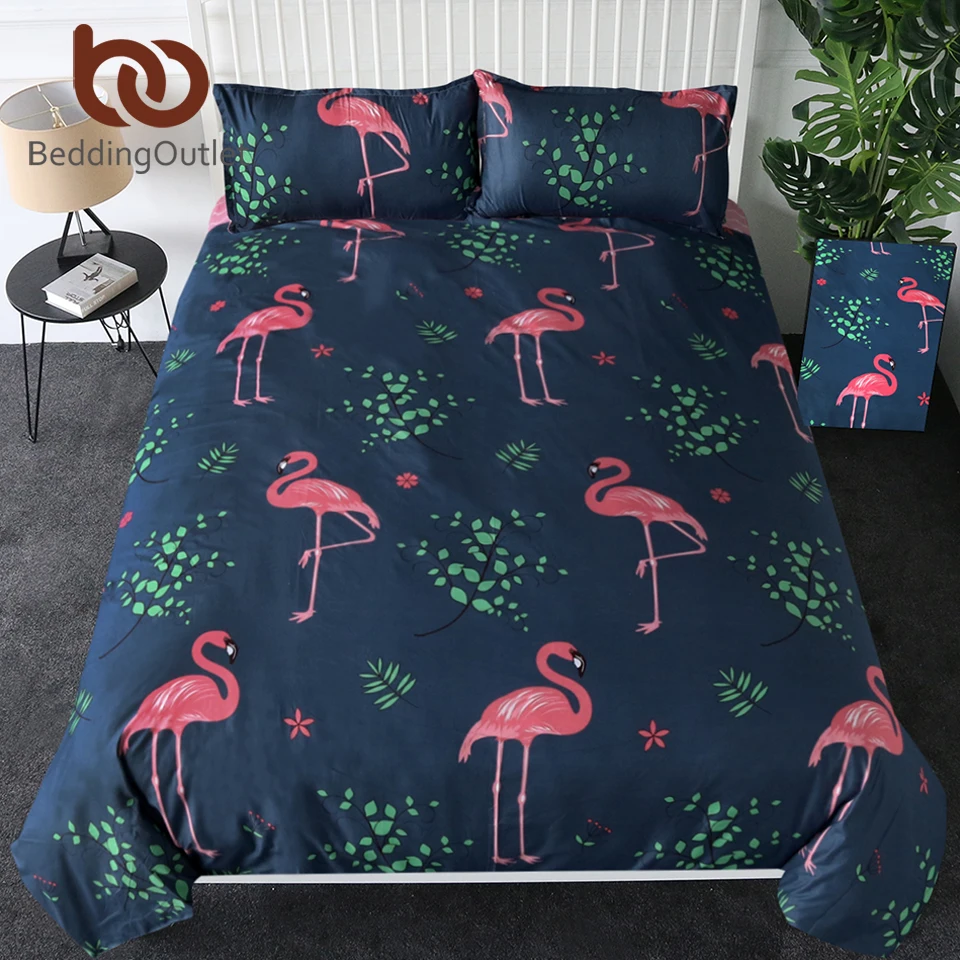 

BeddingOutlet Flamingo Bedding Set Green Leaf Stylish Bed Cover Tropical Girls Bed Linen AB Design Reversible Bedspread 2/3/4pcs