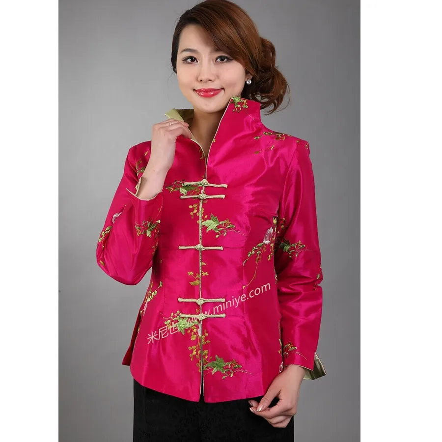 Ярко-розовая традиционная китайская женская шелковая атласная куртка-пальто с вышивкой цветы Размер S M L XL XXL XXXL