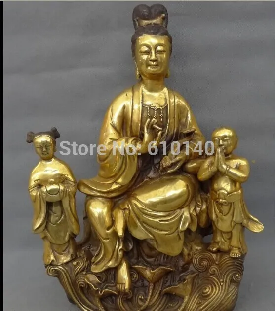 

18" China Bronze Pray Lotus RuYi Kwan-yin Guan Yin Kid Child Goddess Statue