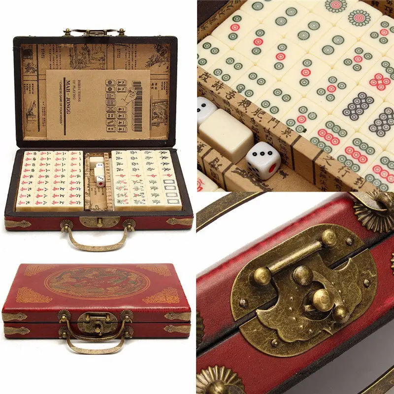 Mah-Jong Set Multi-color Portable Vintage Mahjong, Rare Chinese Toy with Bamboo Box, 1.9cm x 1.1cm x 1.3cm, 144 Tiles