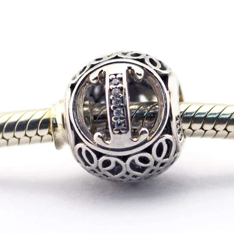 

925 Sterling Silver Fits European Charms Bracelet DIY Beads Vintage I With Clear Cubic Zirconia Charm Bead Jewelry LE015-I