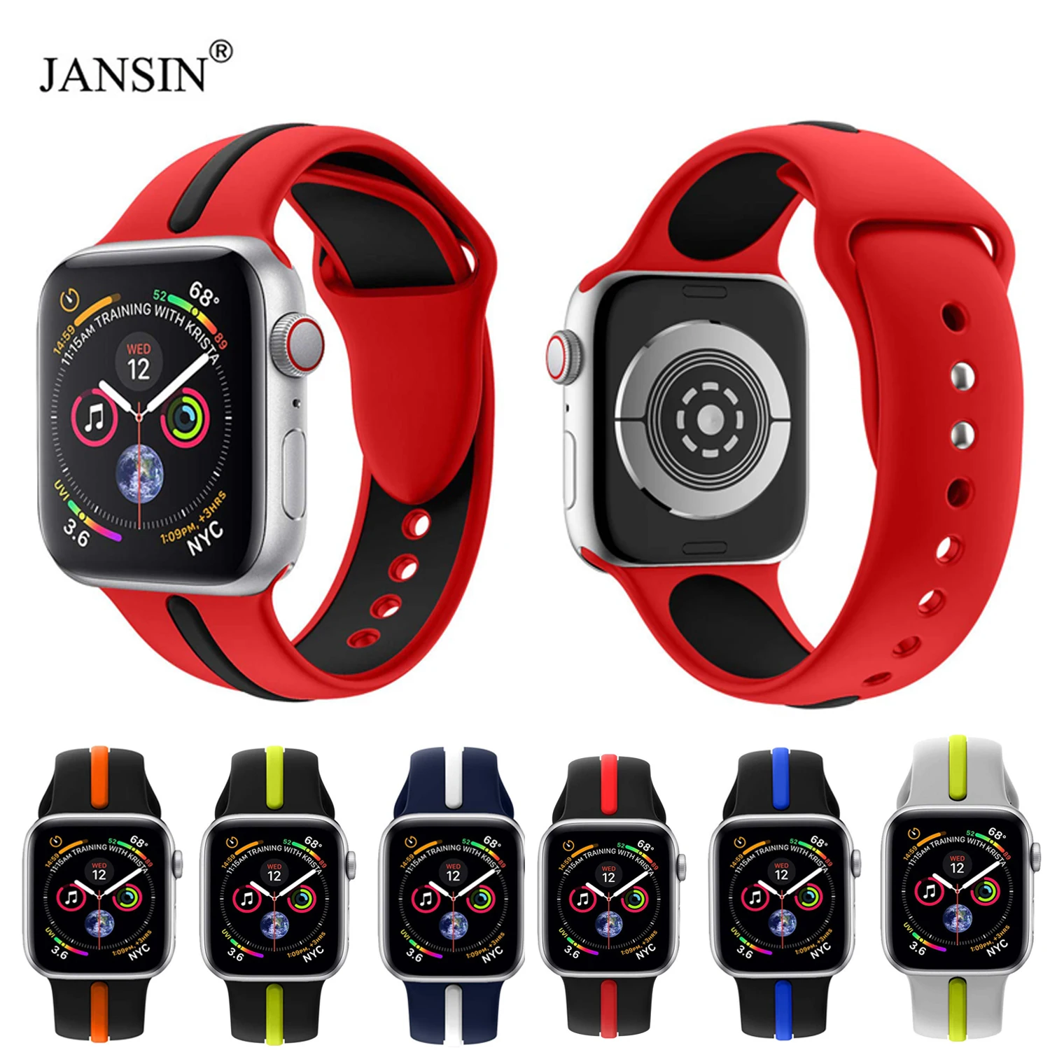 JANSIN мягкий силиконовый спортивный ремешок для Apple Watch, 42 мм, 38 мм, 40 мм, 44 мм, сменный ремешок для наручных браслетов iWatch, серия 5, 4, 3, 2, 1