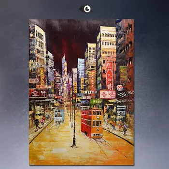

T-32 Free shipping High Quality abstract knife painting- Hong Kong street 100% hand painted on canvas no framed