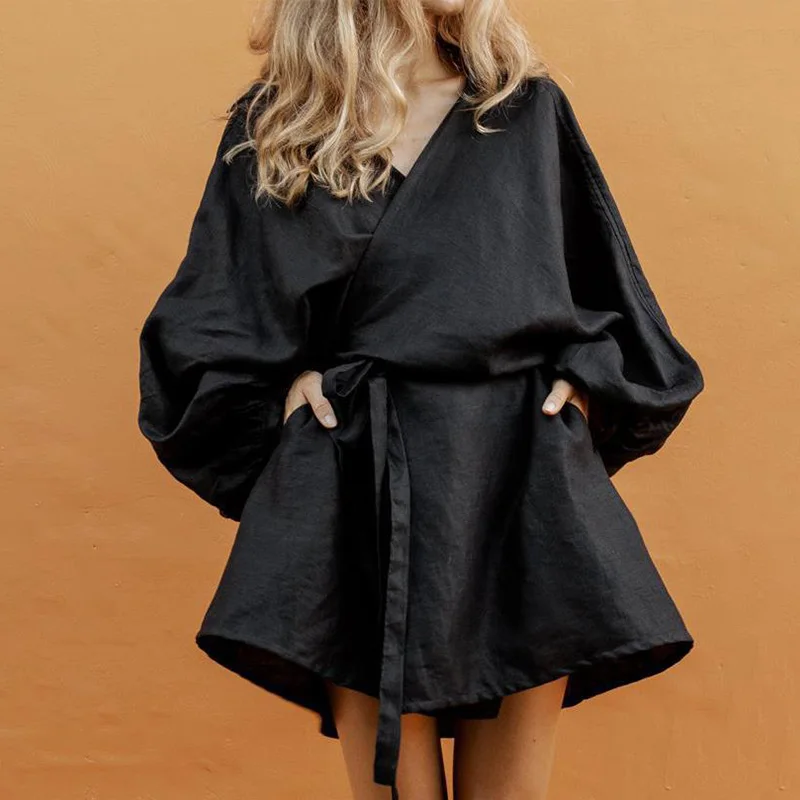 

2019 Autumn Kimono Mini Dress Women V-neck Lantern Long Sleeve Black Short Dresses Ladies With Sashes Japanese Style Clothes