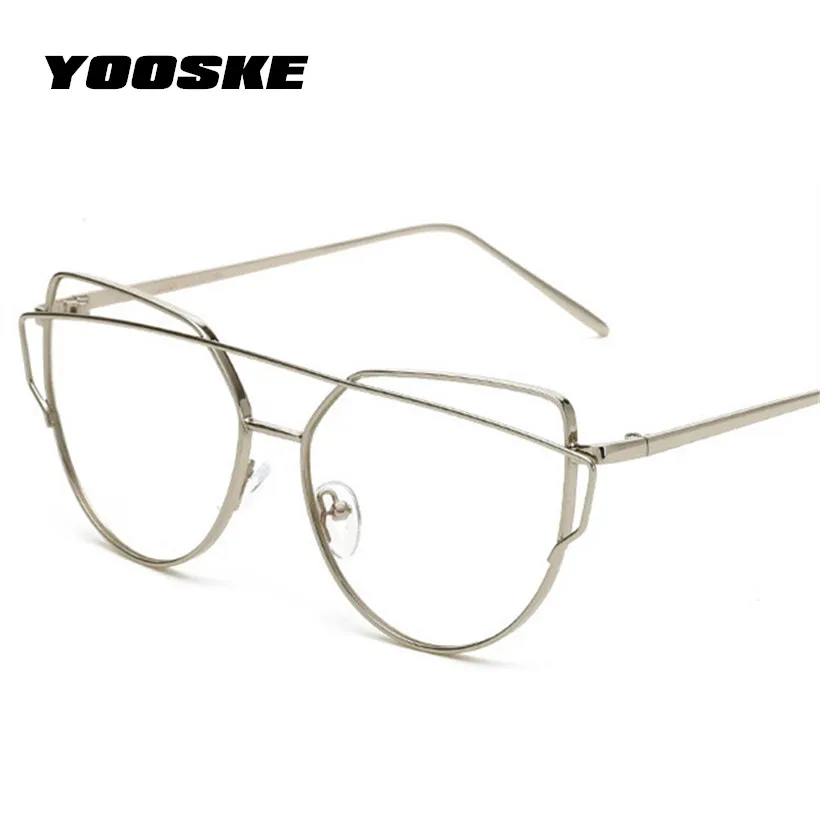 

YOOSKE Fashion Transparent Cat Eye Eyeglasses Double Beam Metal Spectacle Vintage Women Optical Eyewear Frames With Clear Lens