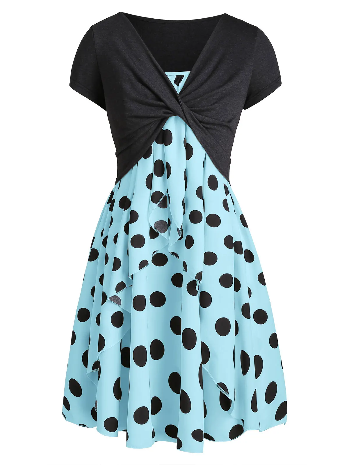 Платье в горошек на бретельках с крученой короткой футболкой летнее платье