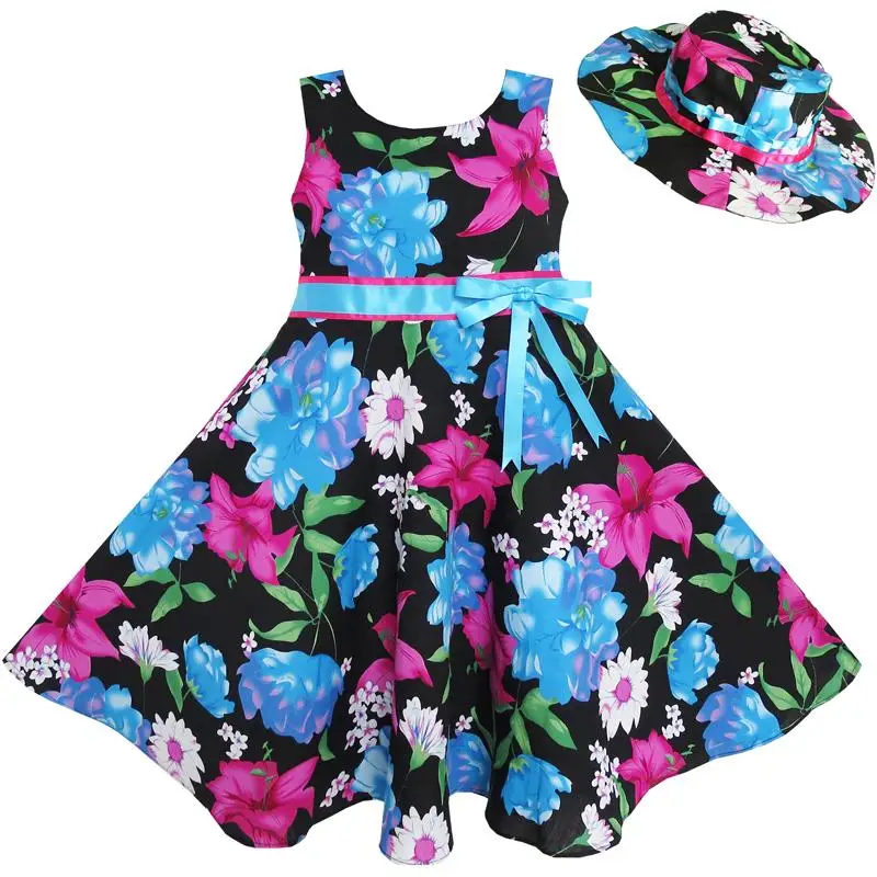 

Sunny Fashion 2 Pecs Girls Dress Hat Blue Flower Summer Beach Party Dancing Kids Cotton 2018 Summer Princess Wedding Size 4-12