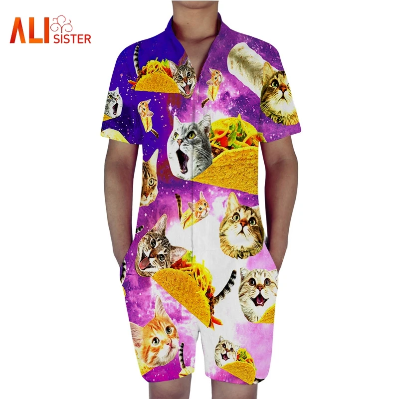 2019 New Design Men Romper Fashion 3d Funny Cat Anime Print Short Sleeve Jumpsuit Male Casual Beach Party One-Piece Rompers 2019 New Design Men Romper Fashion 3d Funny Cat Anime Print Short Sleeve Jumpsuit Male Casual Beach Party One-Piece Rompers