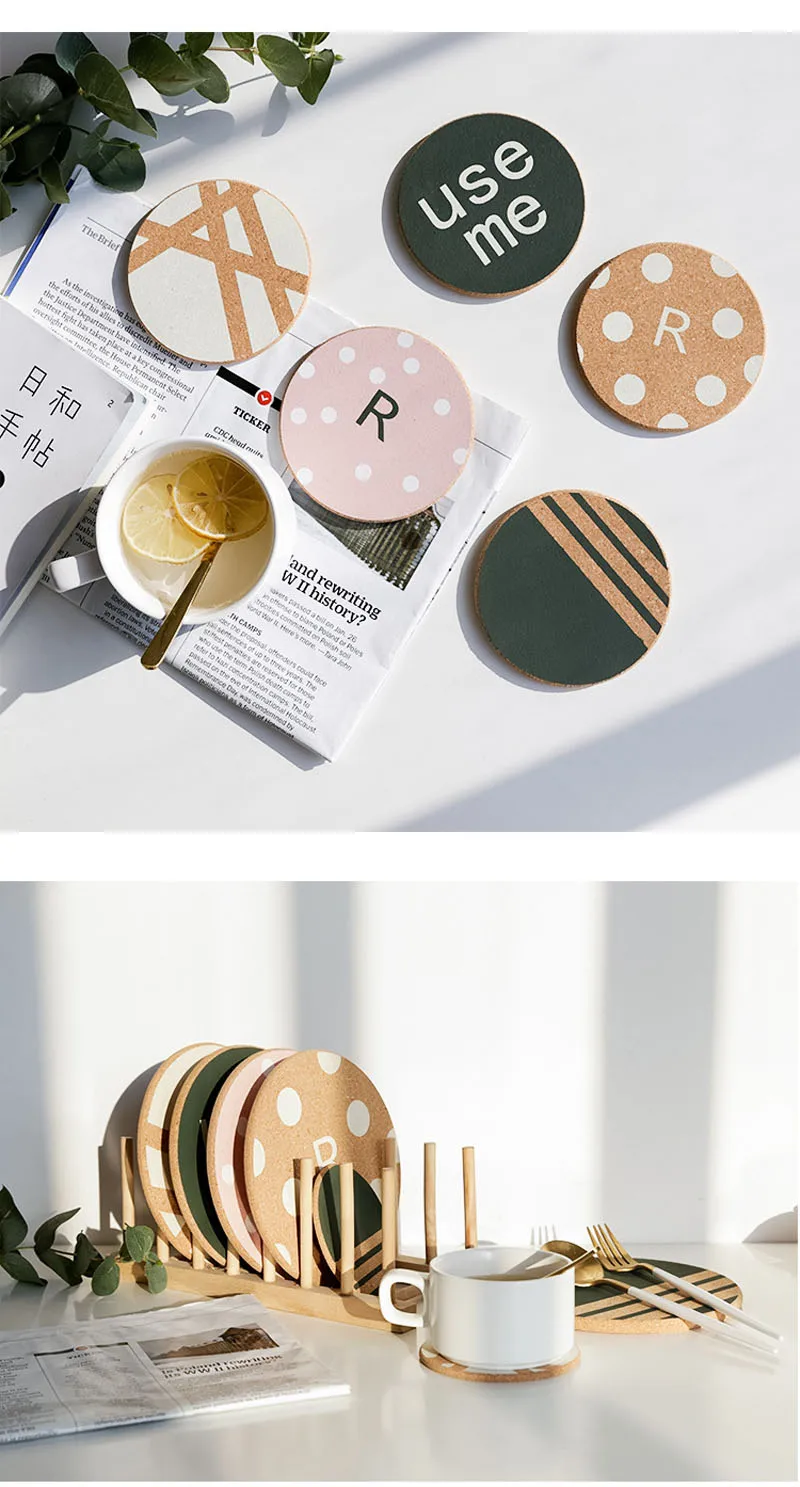 New Arrival Placemat Coaster Nordic Style English Geometric Pattern Cork Pot Mat Insulation Coaster Table Mat  (15)