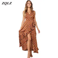 Zqlz летнее богемное Бохо длинное платье с принтом в горошек женское асимметричное облегающее платье без рукавов с v-образным вырезом и
