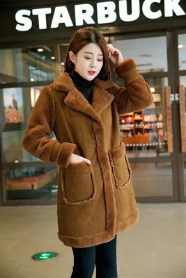 Зимняя Хлопковая женская куртка, пальто, Модная тонкая куртка из овечьей кожи, женская верхняя одежда, теплая Толстая Повседневная однотонная длинная Студенческая куртка, Топ - Цвет: Dark brown