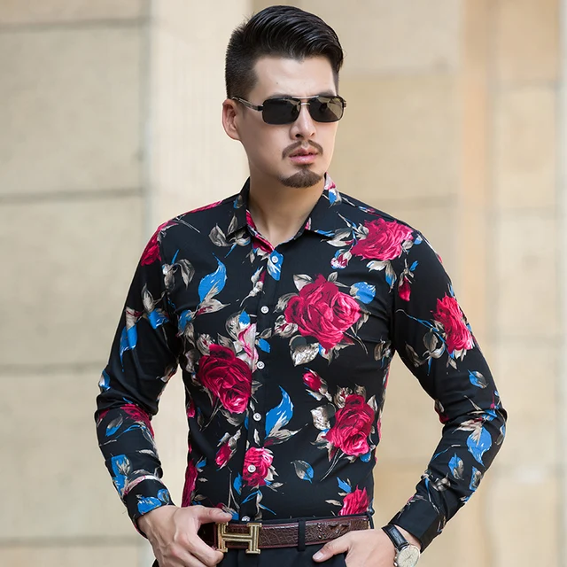 Spring Autumn new fashion flower printed long sleeve shirts men camisa