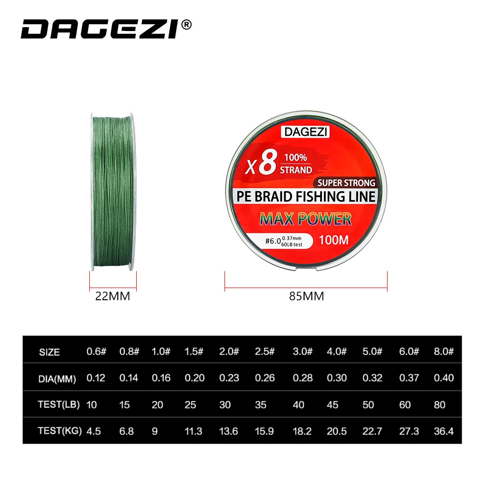 DAGEZI 100m 8 Strand PE Braided Fishing Line 10-80LB Smoother Multifilament  Fishing Lines For Carp Fishing Tackle