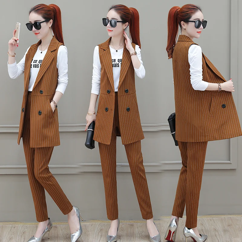 Fashion women's new autumn 2019 spring striped vest is thin 2 sets of OL professional ladies set decoration body wild |