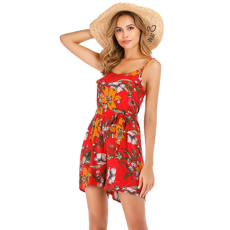 

Floral Print Spaghetti Strap Palysuit Sexy Halter Jumpsuit Women Summer Boho Bohemian Beach Style Rompers Bodysuits with Sashes