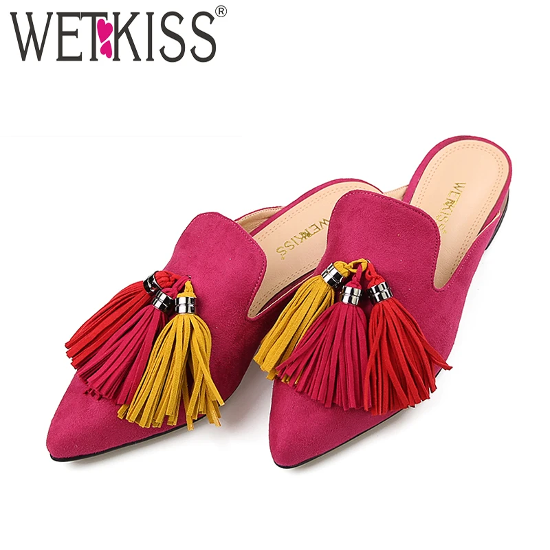 

WETKISS 2018 Handmade Fringe Low Heels Ladies Slippers Pointed Toe Mules Shoes Women Summer Fashion Slides Casual Female Shoes