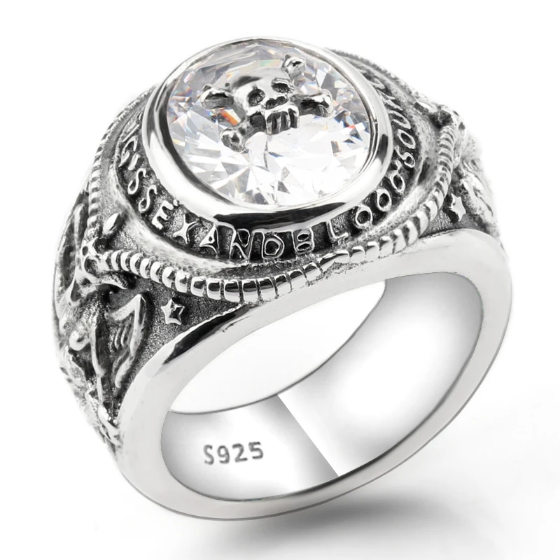 

925 Sterling Silver Skull Men Ring Vintage Skeleton Clear CZ Portrait Meditation Biker men Fashion Jewelry High Quality