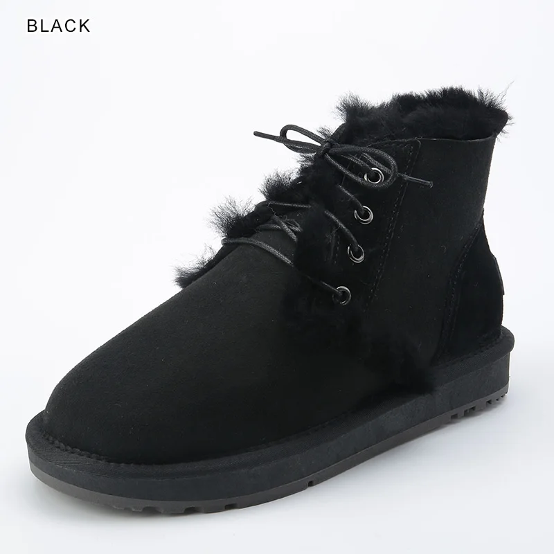 INOE мужские короткие зимние ботинки из овечьей кожи на меху на шнуровке для мужчин мужские полуботинки на шнуровке нескользящая подошва удобная Повседневная обувь водонепроницаемая обувь цвет черный, коричневый, серый - Цвет: 38- Black