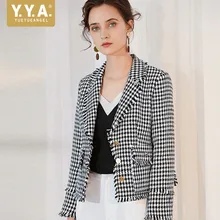 Новая клетчатая короткая куртка женская мода весна осень длинный рукав шерсть твид кисточка куртка женская уличная Slim Fit Пальто S-XL