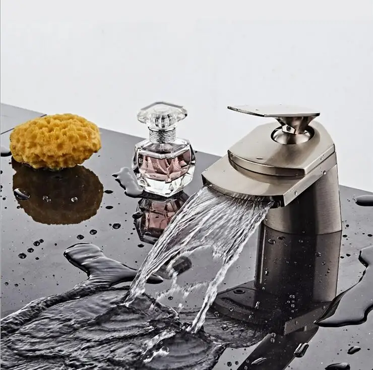 Brass short style basin faucet waterfall, Bathroom single hole sink