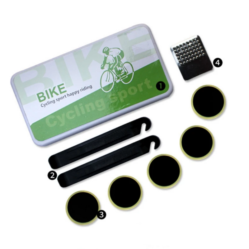 

9pc/set Bike Repair Tool Kit No Glue Needed Tire Wraps Patches Spoon Metal Metal Filing Sheet Riding Cycling Bicycle Accessories