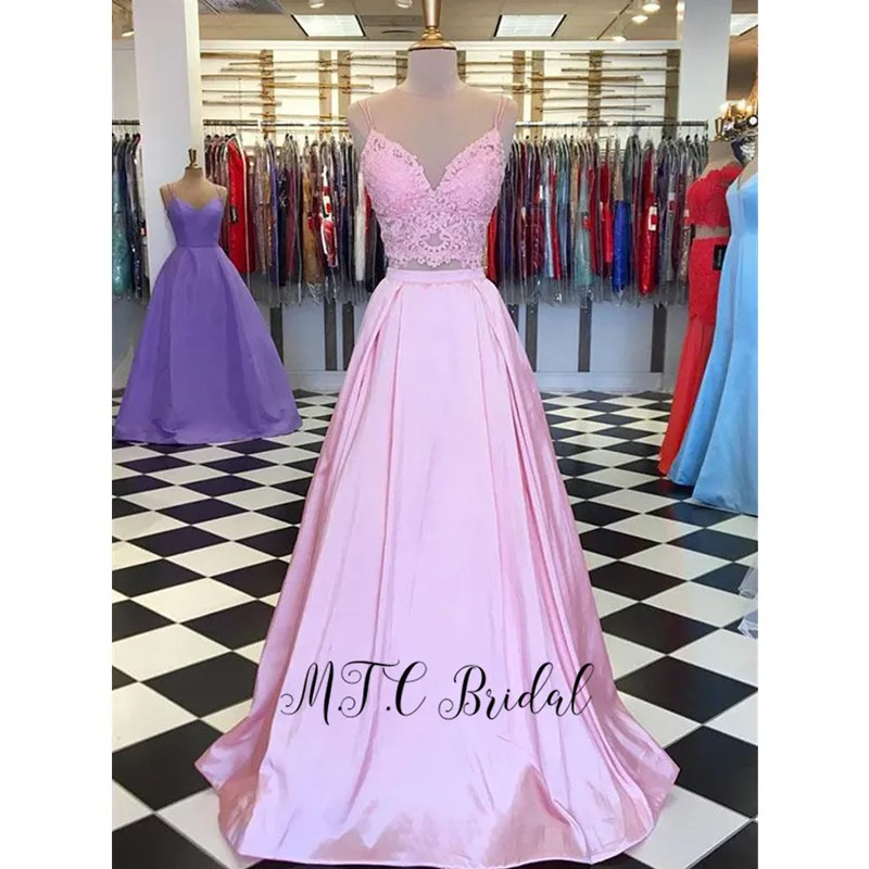 

Charming Pink 2 Piece Prom Dresses Lace Top Spaghetti Strap A Line Sexy Evening Gowns 2019 Custom Made Women Formal Party Dress