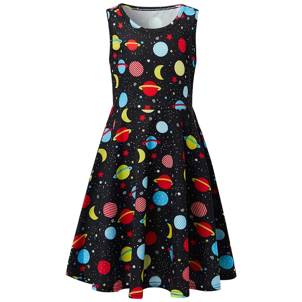 

Youth Teen Kids Girl Round neck Sleeveless Space Star Planet Moon Print Dress School Party Sundress Clothes summer girls dress