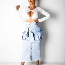 Adogirl, Женская винтажная джинсовая юбка, высокая талия, рукав, галстук, карманы, кисточка, пуговицы, джинсовая юбка макси, модная юбка кэжуал