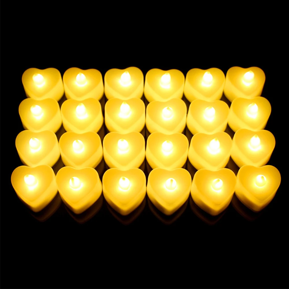 Warm White Light 24 шт., для свадьбы, Дня Святого Валентина, цветная мини Электронная свеча, в форме сердца, мигающий светильник, безопасная имитация, бездымный Ночной светильник, Led - Цвет: Warm White Light