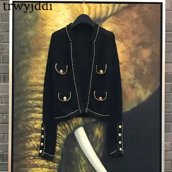 

2020 Fragrance Black Gold Buckle England Knit Cardigan Sweater Short Women's Autumn Winter Hollow Out Shawl Jackets Coat A1744