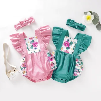 

Summer Casual Baby Rompers Girls Clothes Flying Sleeve Printing Rompers With Headband Kit