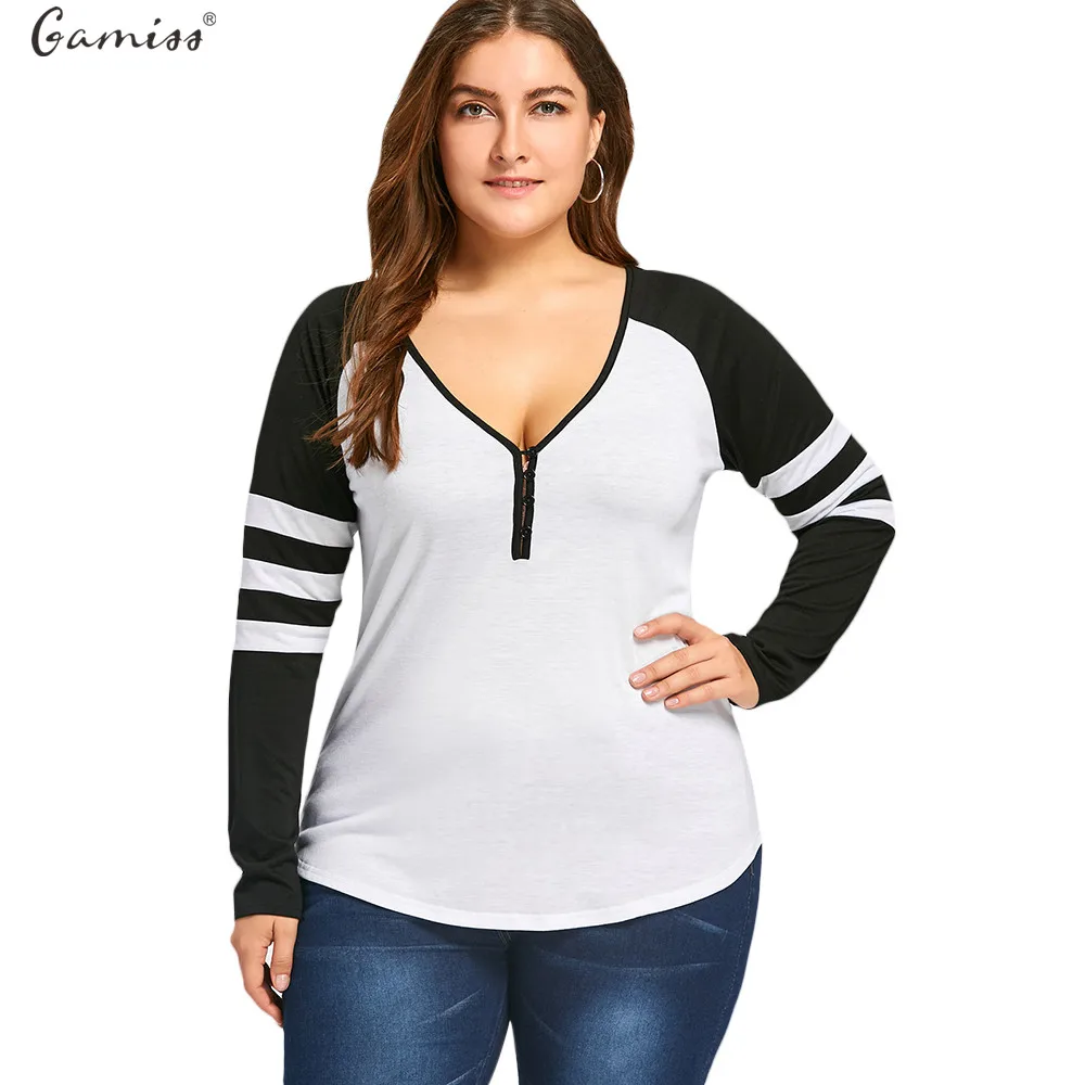 Wipalo Plus Size Two Tone Stripes Buttons T Shirt Women Long Sleeves