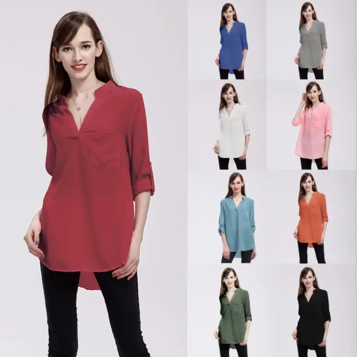 

free shipping European and American explosion time large size female V-neck long-sleeved pocket loose chiffon shirt