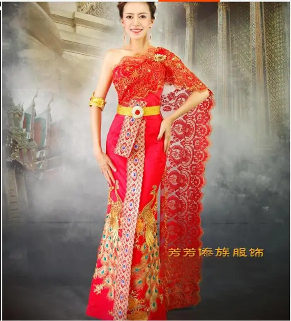 New Arrival!Red Wedding dresses thailand Embroidery Peacock clothes thailand Receptionist