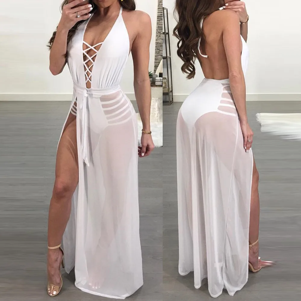 

Feitong Chiffon Perspective Waist Bandage Split Sunscreen Skirt Women Fashion Girls Irregular Uniform Pleated Beach Skirt #C