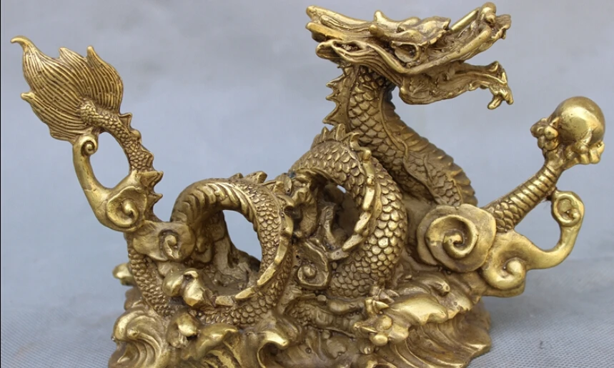 

JP S0606 8" Chinese Brass Carved Year Zodiac FengShui Myth Fly Dragon Ball Statue Animals