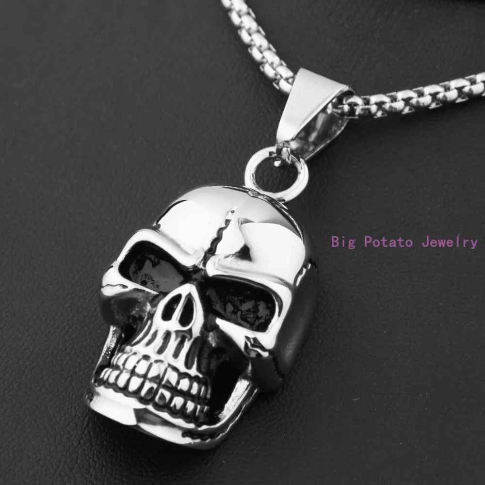 Top Quality Silver Black Skeleton Skull Head Pendant Necklace 316L