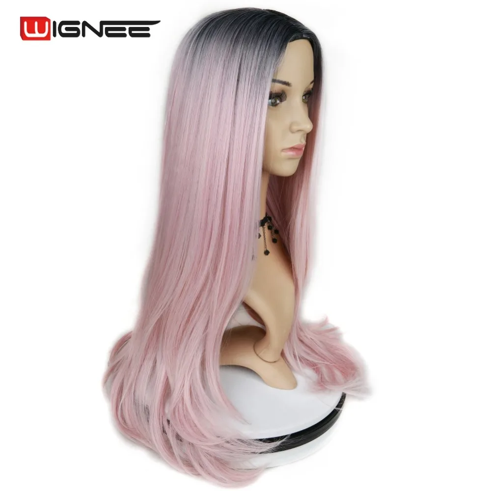 Wignee pelucas rectas de fibra sintética resistente al calor de alta densidad para mujeres Ombre rosa/gris/sin pegamento Cosplay Natural peluca de pelo Wignee pelucas rectas de fibra sintética resistente al calor de alta densidad para mujeres Ombre rosa/gris/sin pegamento Cosplay Natural peluca de pelo