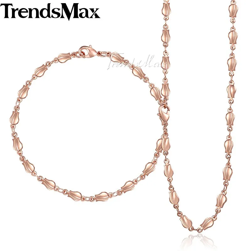 Trendsmax 4 мм набор украшений для женщин 585 розовое золото ожерелье браслет бутон звено цепи женские модные ювелирные изделия подарок для женщин GS256