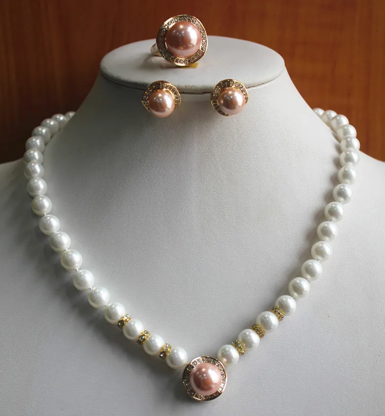 

best gift jewelry set!Wholesale simple and noble Women's white pearl Necklace pink earring ring(7/8/9) set #204 5.31