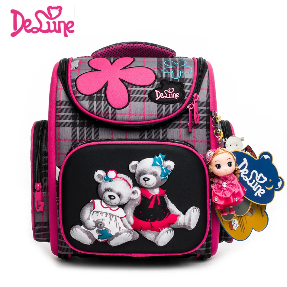 

Delune Brand School Bags for Girls 2 bears Print Waterproof SchoolBag Children Orthopedic Backpack cartoon Mochila Escolar Gifts